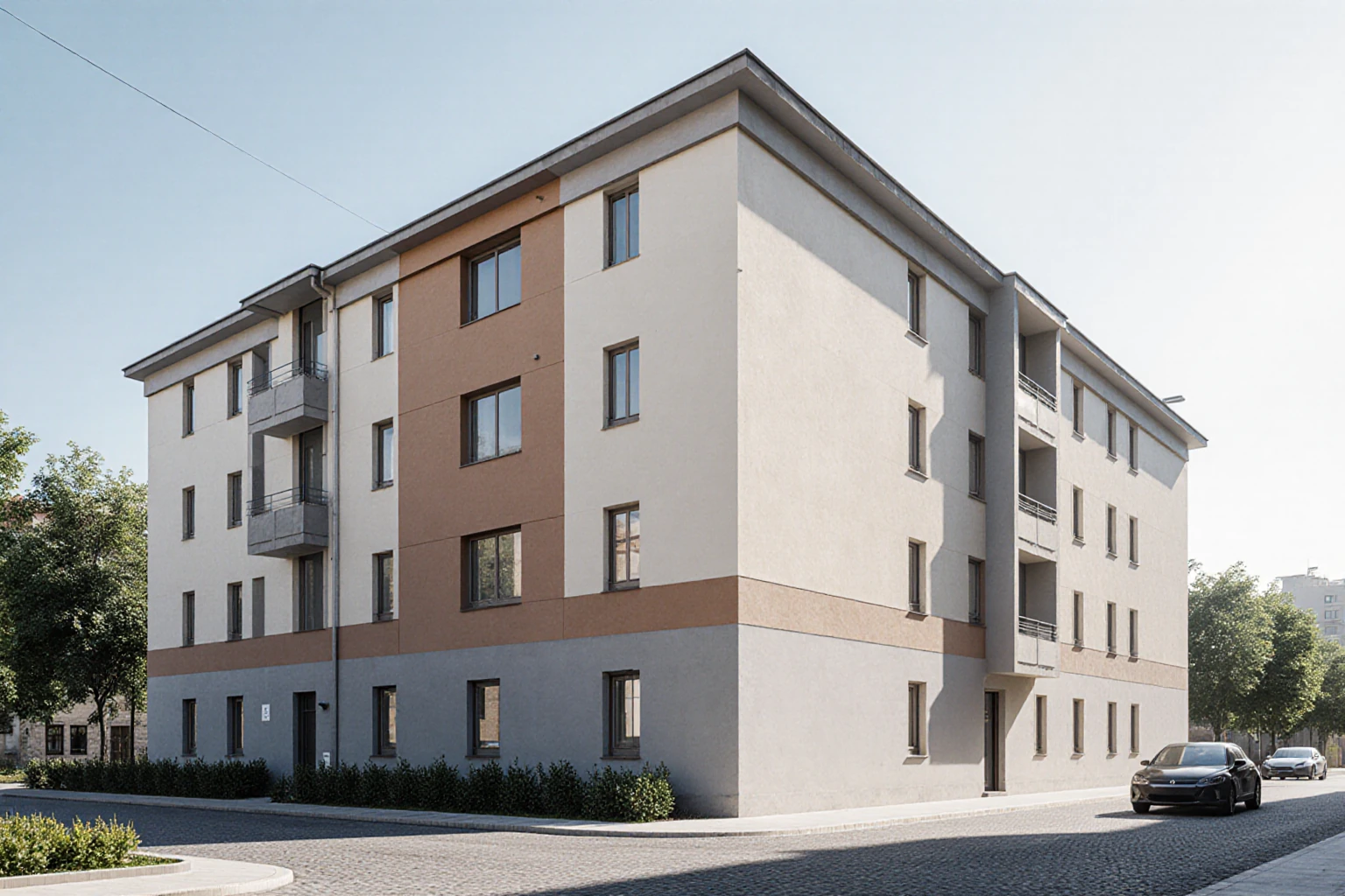 Clădire urbană de apartamente cu fațadă tencuită în nuanțe deschise